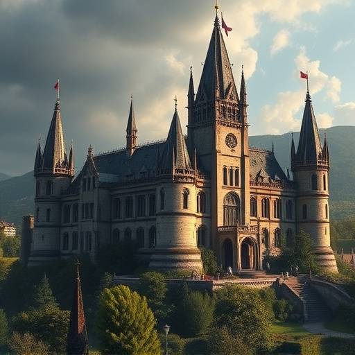Un château médiéval restauré avec des tours imposantes et des jardins luxuriants, idéal pour les films d'époque.