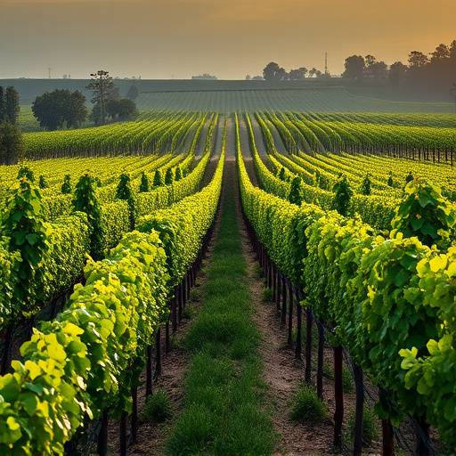 Un vignoble pittoresque avec des rangées de vignes verdoyantes s'étendant à perte de vue, idéal pour les films se déroulant dans le monde du vin.