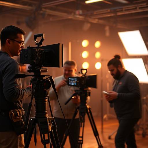 Équipe de tournage travaillant sur un plateau avec des équipements professionnels.